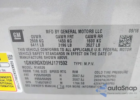 2017 Chevrolet Traverse 1Lt z USA, uszkodzony, nr VIN 1GNKRGKD9HJ171592